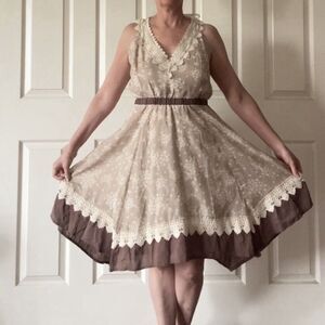 Ryu Womens Dress Sz Large Brown Floral Boho Cottagecore Asymmetrical Hem Country